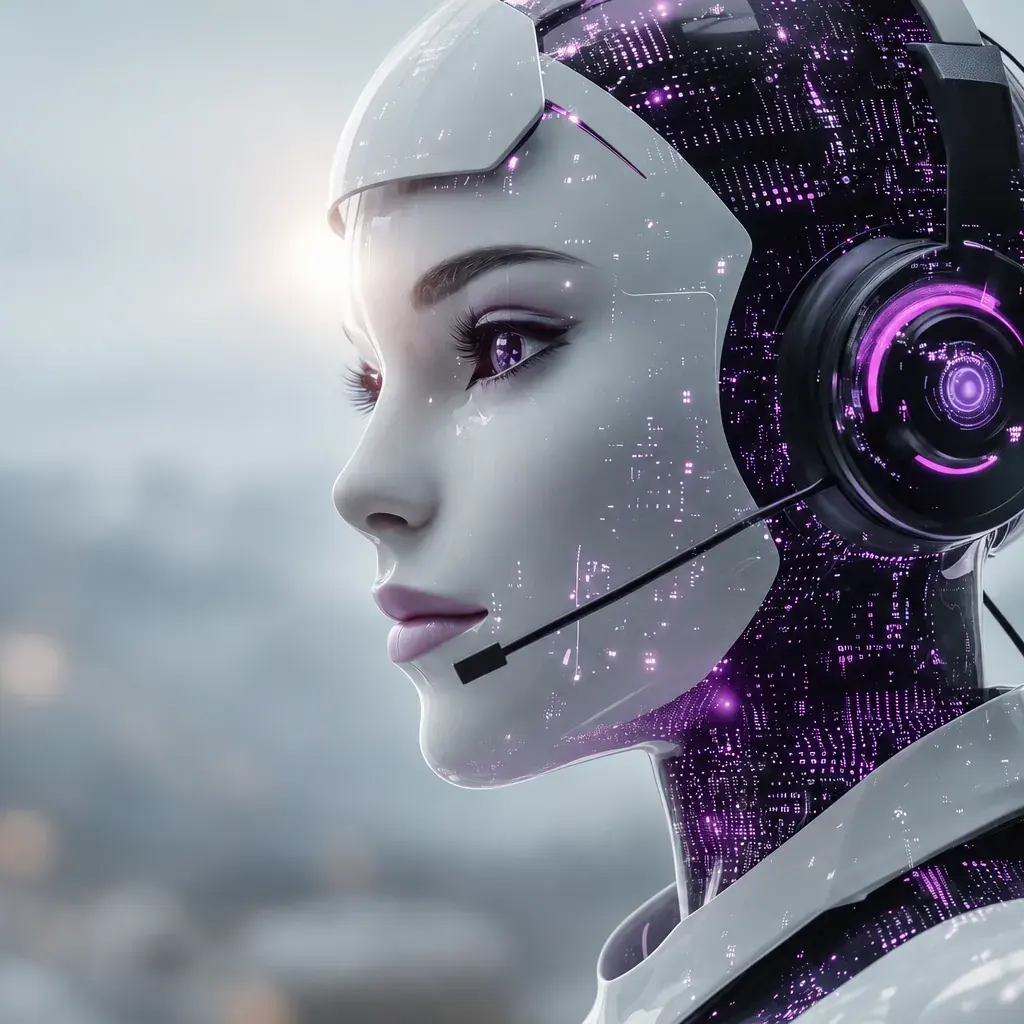 Roboter im Headset in einem Servicebereich, Sinnbild für KI im Vertrieb und Marketing