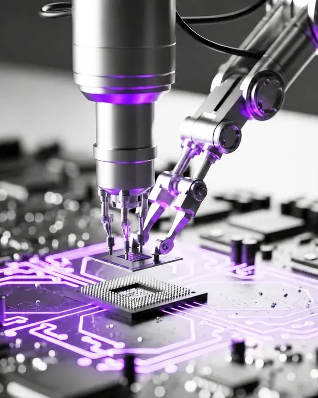 Roboterarm bei der Präzisionsmontage einer Leiterplatte als Sinnbild für automatisierte Workflow-Orchestrierung