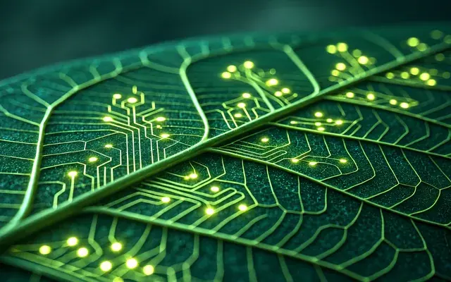 Blätter mit leuchtenden Leiterbahn-Adern als Sinnbild für Design und Technologie