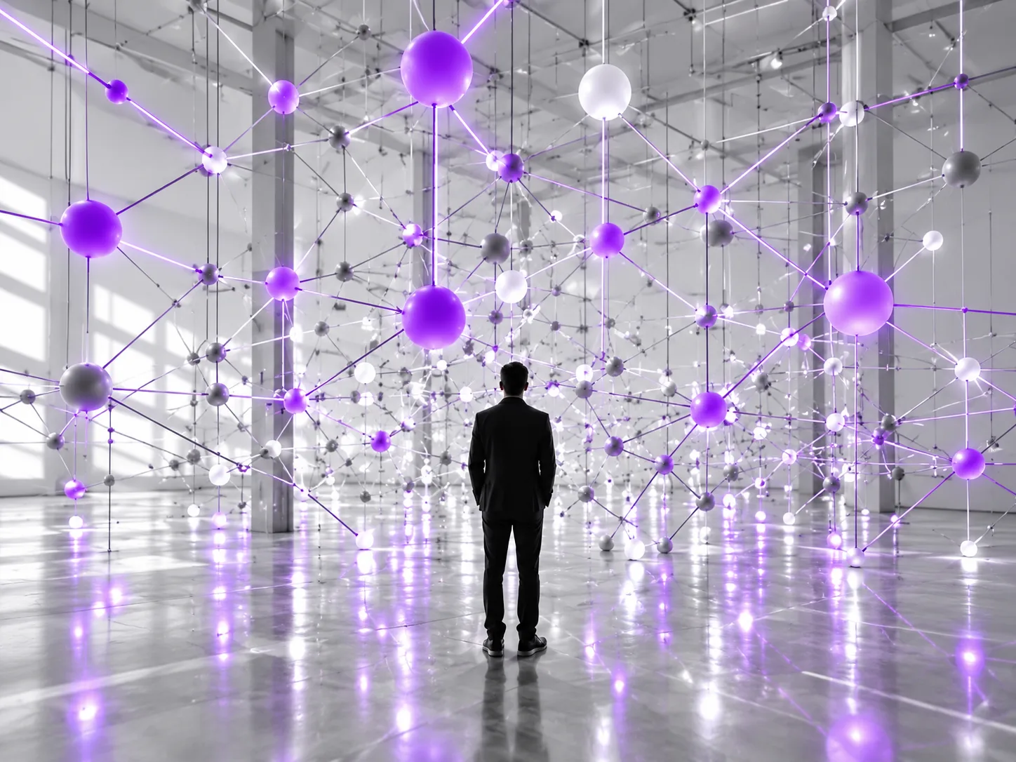 Mann steht in einer hellen Halle vor einem großen Netz aus violetten und grauen leuchtenden Knotenpunkten