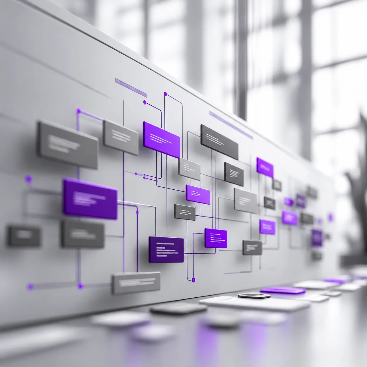 Weiße Wand mit violetten und grauen Prozessbausteinen, die ein verzweigtes Workflow-Schema bilden