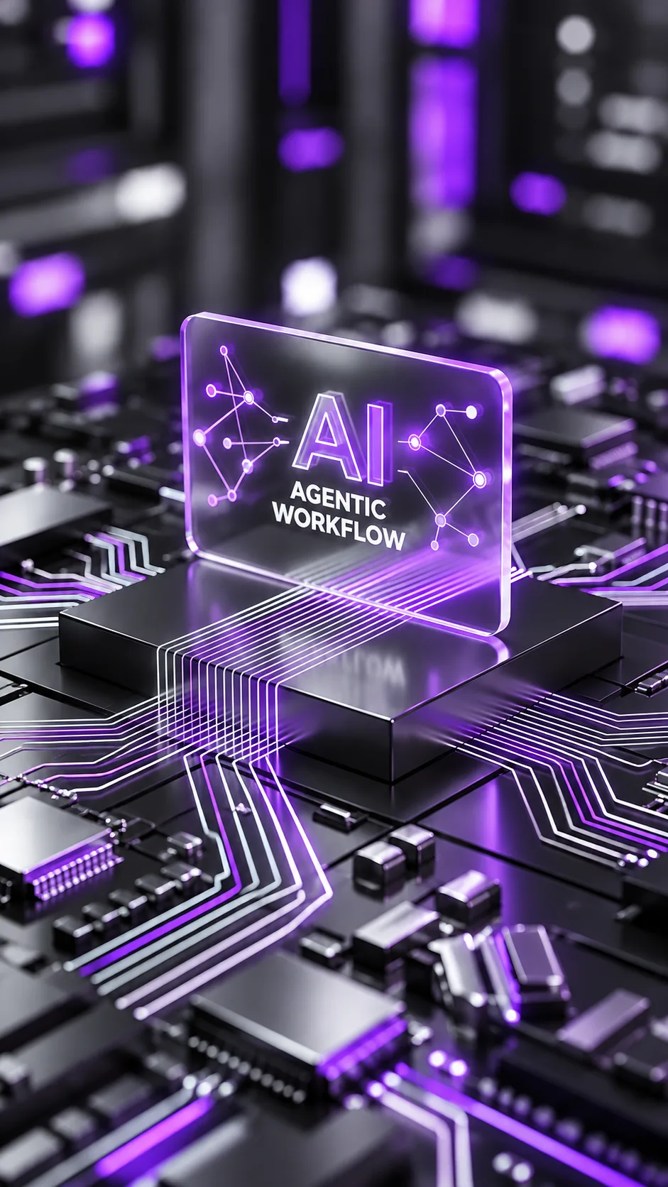 Leuchtende Glastafel mit der Aufschrift AI Agentic Workflow auf einem Computerchip mit violetten Leiterbahnen
