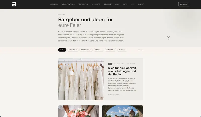 Blog von aircraft events & Hotel „Ratgeber und Ideen für eure Feier“ mit Kategorien und Hochzeitsratgeber