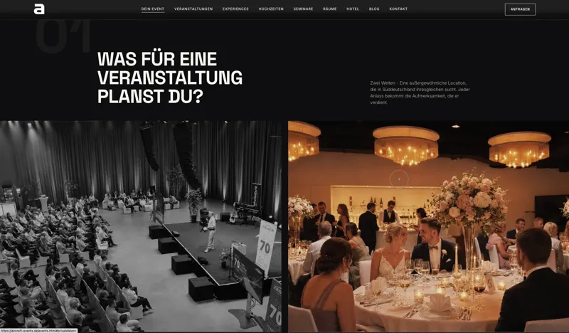 Seite „Dein Event“ mit Abschnitt „Was für eine Veranstaltung planst du?“, Firmenevent und Hochzeitsfeier