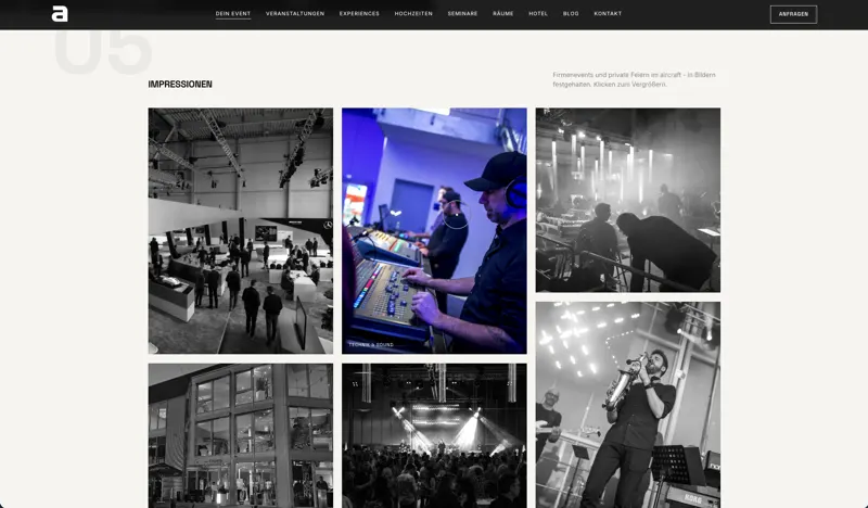 Seite „Dein Event“ mit Bildergalerie Impressionen: Messebau, Technik, Konzert und Gebäude