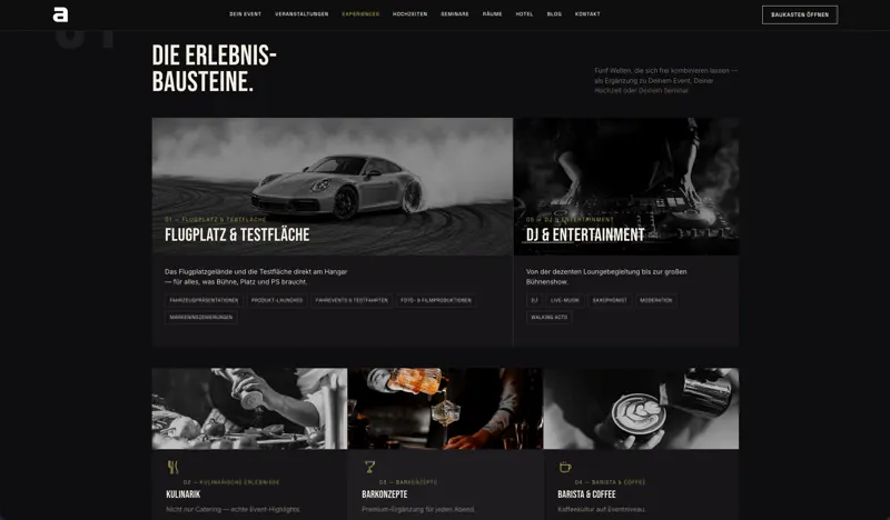 Seite „Experiences“ mit Abschnitt „Die Erlebnisbausteine“: Flugplatz & Testfläche, DJ & Entertainment, Kulinarik, Barkonzepte, Barista & Coffee