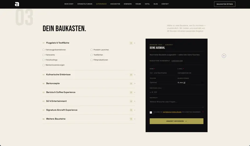 Seite „Experiences“ mit Abschnitt „Dein Baukasten“: Auswahl der Bausteine und Anfrageformular