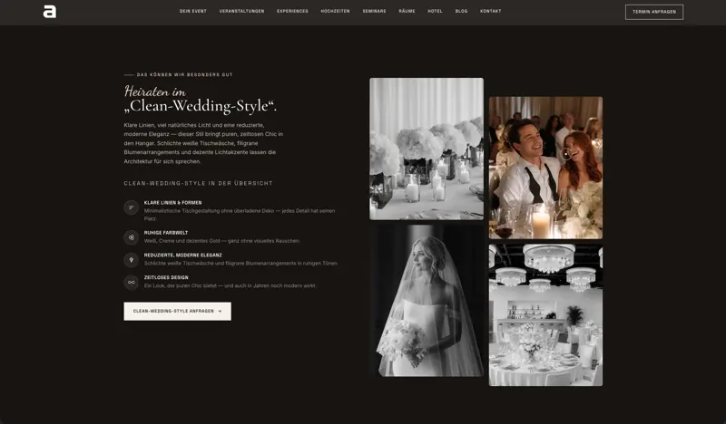 Seite „Hochzeiten“ mit Abschnitt „Heiraten im Clean-Wedding-Style“ und vier Fotos von Tischdekoration, Braut und Festsaal