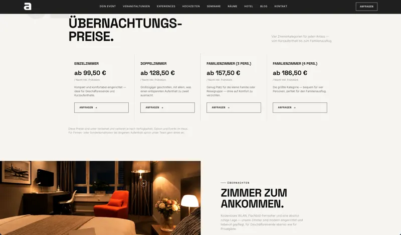 Seite „Hotel“ mit Übernachtungspreisen nach Zimmerkategorie und Abschnitt „Zimmer zum Ankommen“