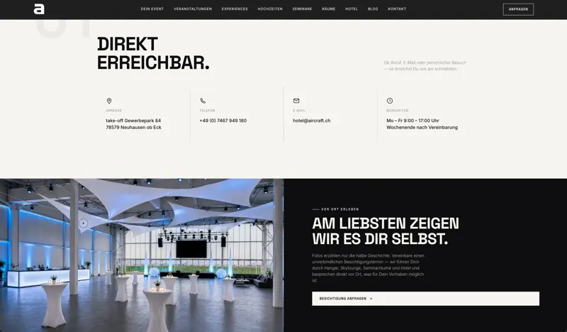 Seite „Kontakt“ von aircraft events & Hotel mit Adresse, Telefon, E-Mail und Bürozeiten sowie Besichtigung im Hangar
