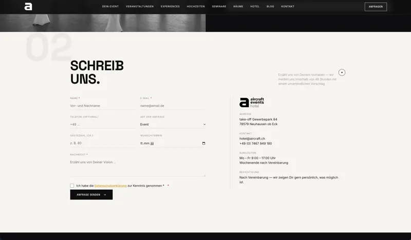 Seite „Kontakt“ mit Anfrageformular und Kontaktdaten