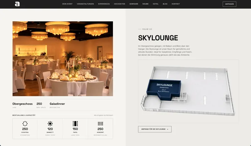 Seite „Räume“ mit Skylounge: Galadinner-Foto, Kapazitäten nach Bestuhlung und 3D-Grundriss