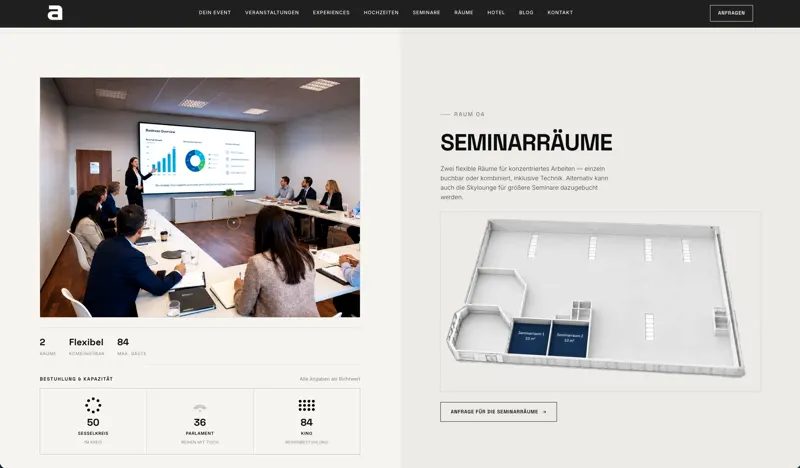 Seite „Räume“ mit Seminarräumen: Foto, Kapazitäten nach Bestuhlung und 3D-Grundriss