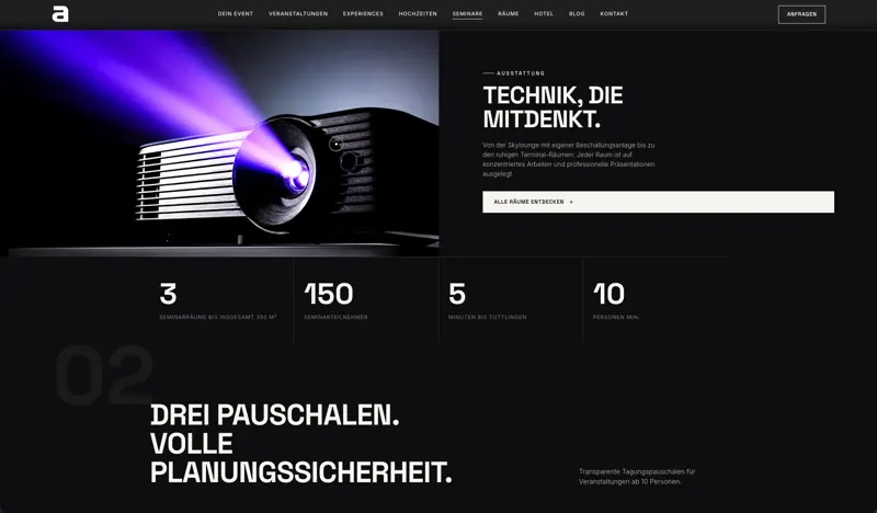 Seite „Seminare“ mit Abschnitt „Technik, die mitdenkt“ und Kennzahlen zu Seminarräumen