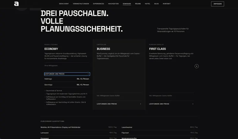 Seite „Seminare“ mit Abschnitt „Drei Pauschalen“: Economy, Business, First Class und zubuchbare Ausstattung