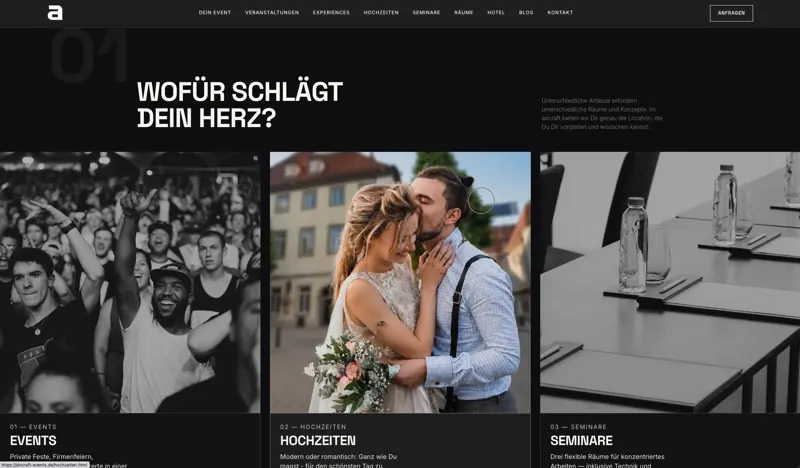 Startseite mit Abschnitt „Wofür schlägt dein Herz?“ und den Kacheln Events, Hochzeiten und Seminare