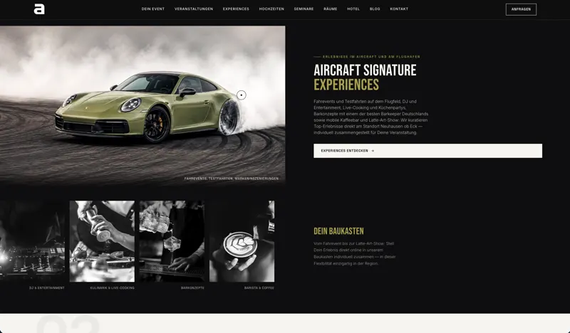 Startseite mit Abschnitt Aircraft Signature Experiences: Fahrevent, DJ, Kulinarik, Barkonzepte und Barista