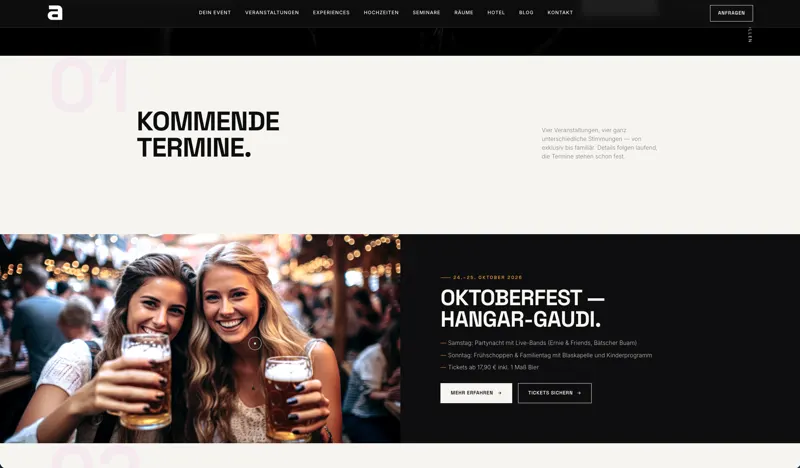 Seite „Veranstaltungen“ mit Abschnitt „Kommende Termine“ und Oktoberfest-Hangar-Gaudi am 24. und 25. Oktober 2026