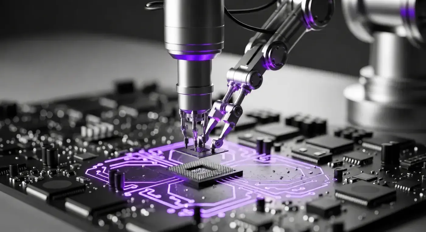 Roboterarme bestücken eine Leiterplatte mit violettem Schaltkreismuster