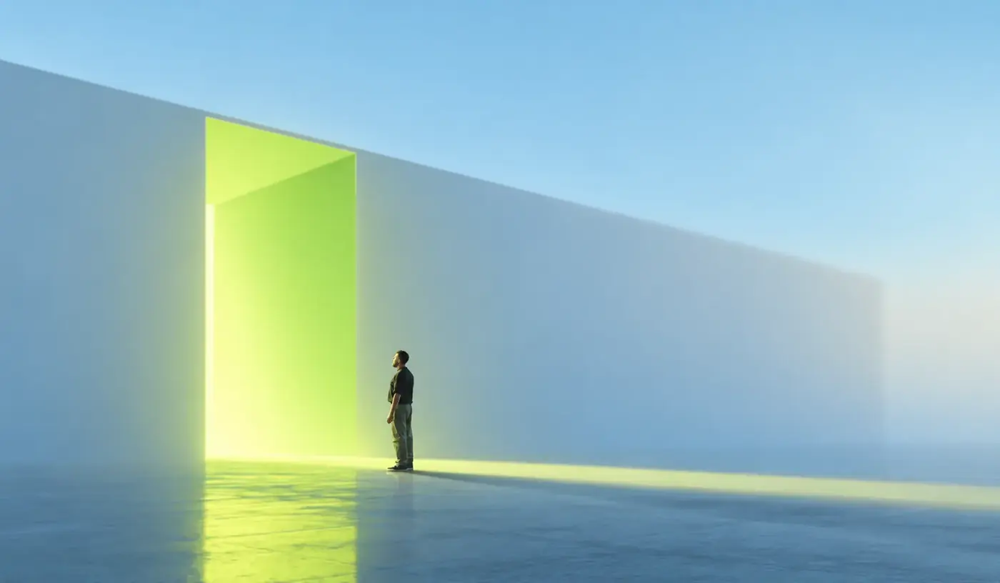 Person vor einer großen Wand mit Türöffnung als Sinnbild für Architektur
