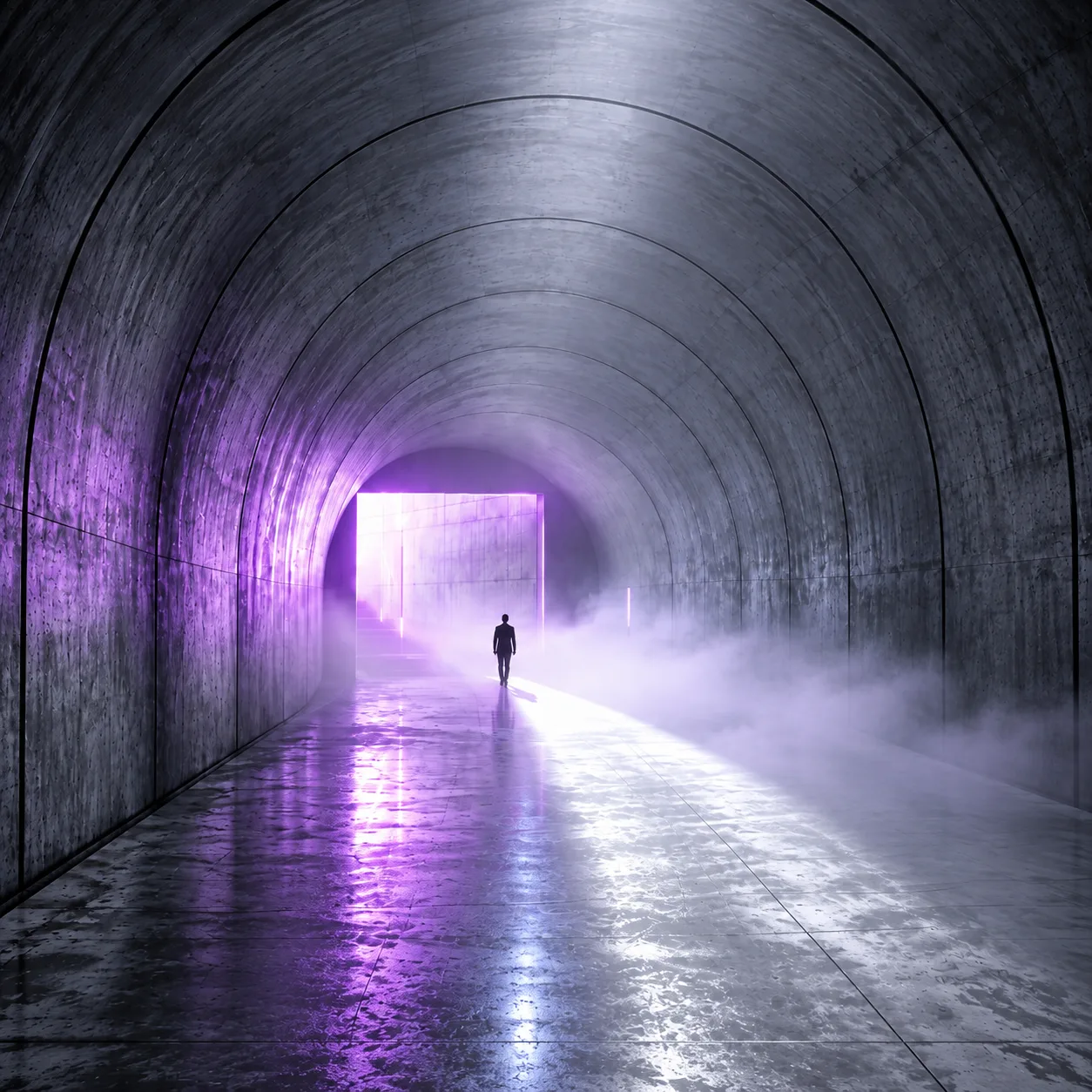 Betonierter Tunnel mit einer Person, die auf ein violettes Licht am Ende zugeht
