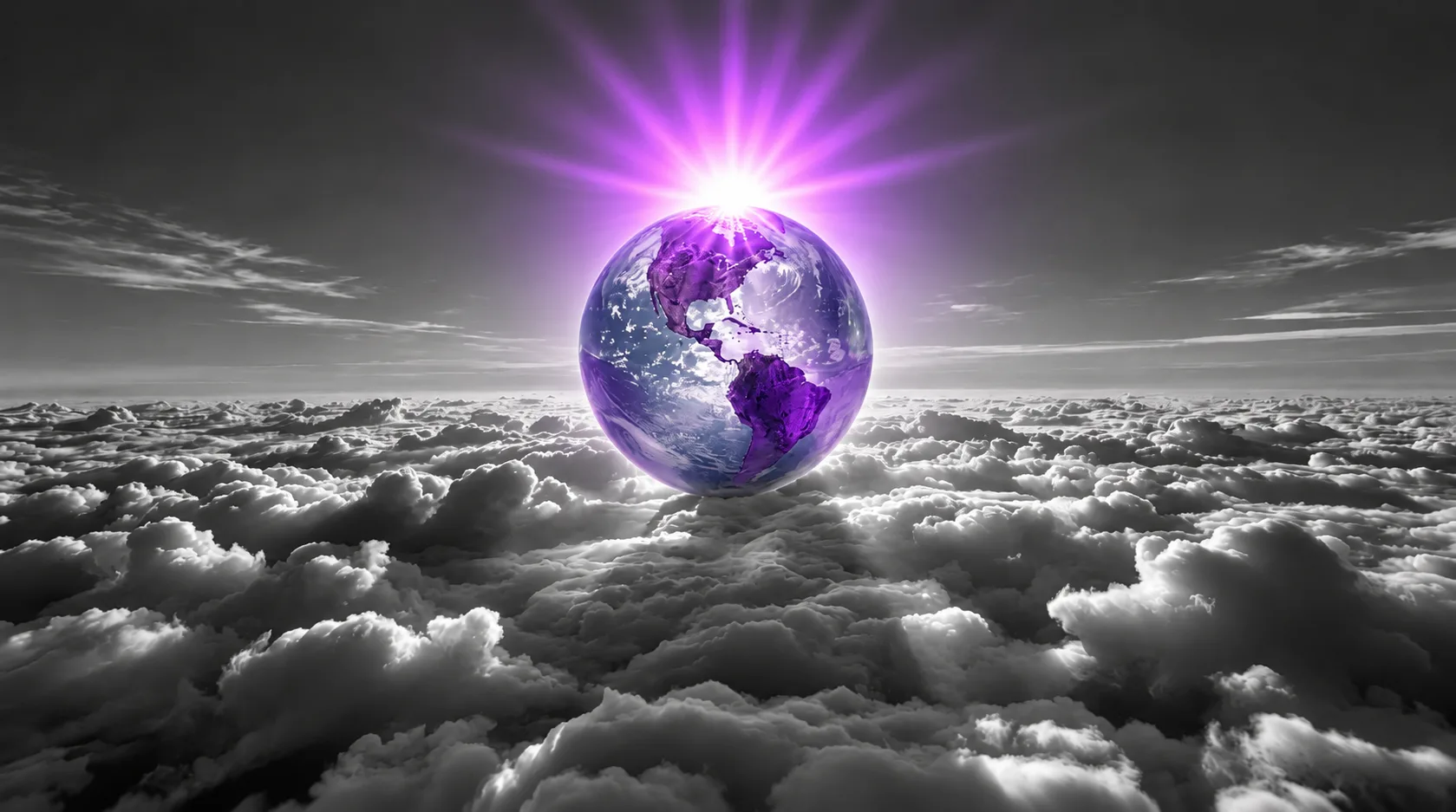 Violett leuchtender Globus über einer Wolkendecke mit strahlender Lichtquelle