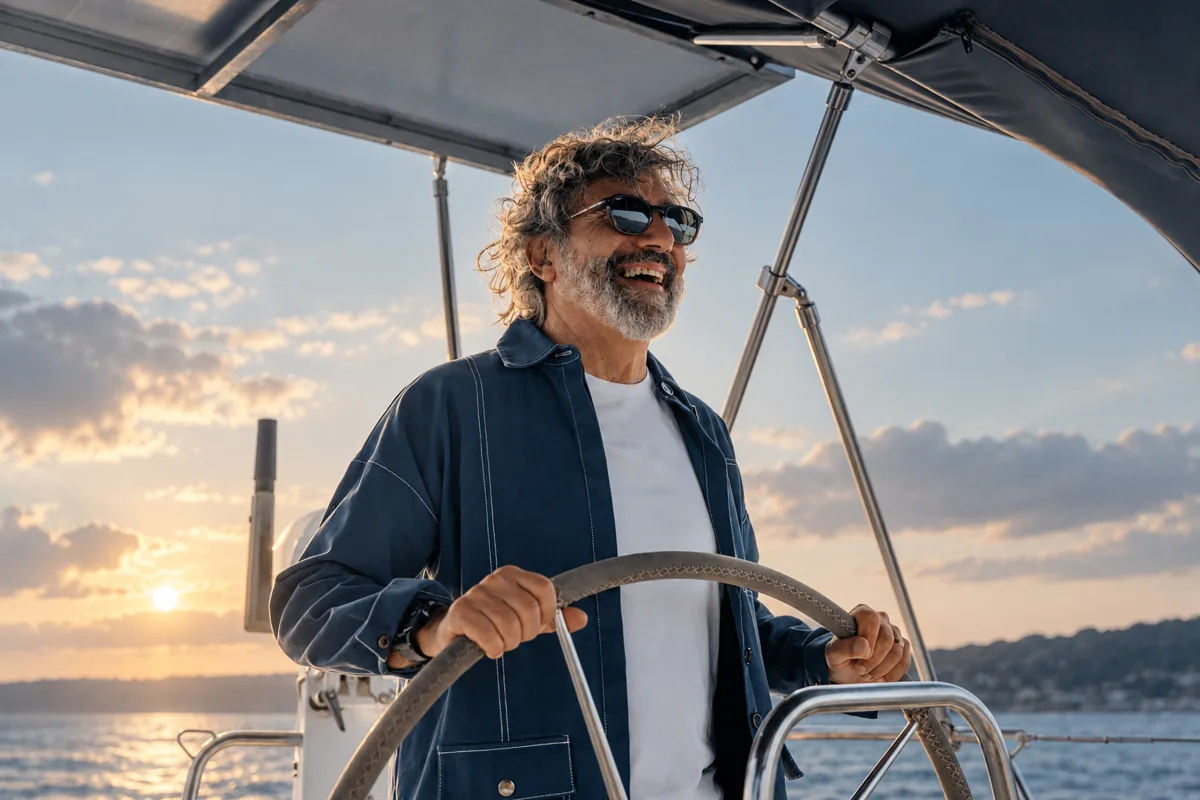 Lachender Mann mit Sonnenbrille steuert ein Segelboot bei Sonnenuntergang