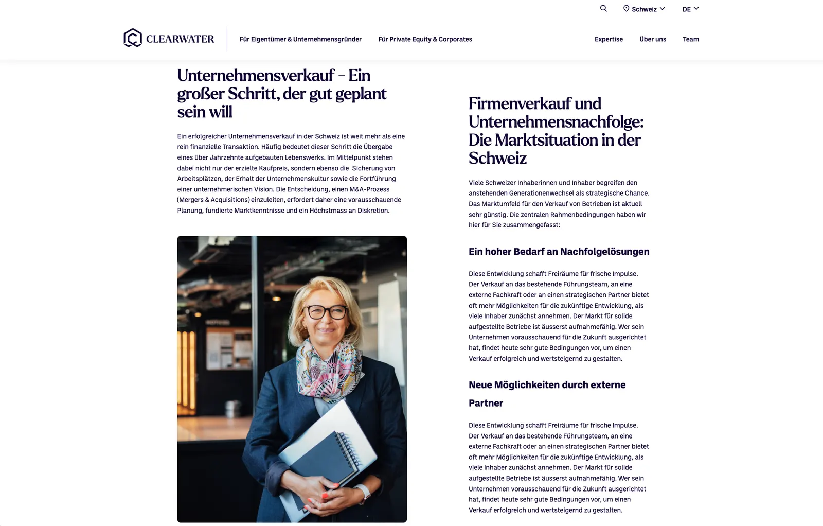 Seite Unternehmensverkauf mit Porträt einer Unternehmerin und Text zur Nachfolge