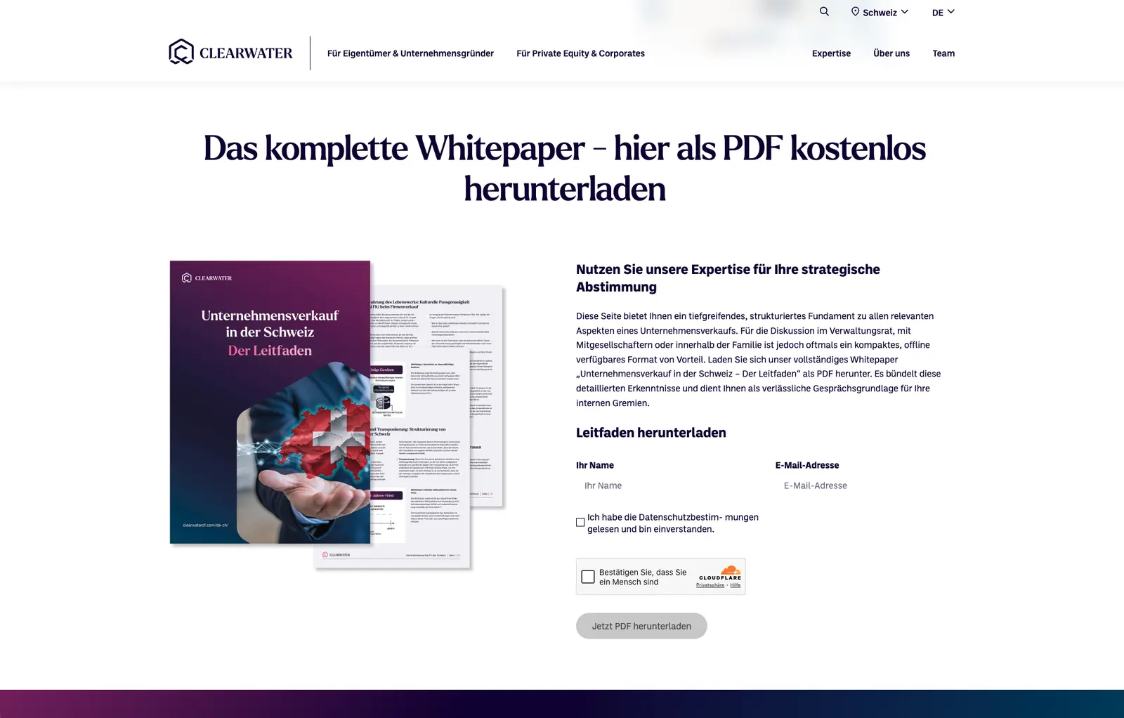 Whitepaper-Download-Seite Unternehmensverkauf in der Schweiz mit Formular und Titelbild