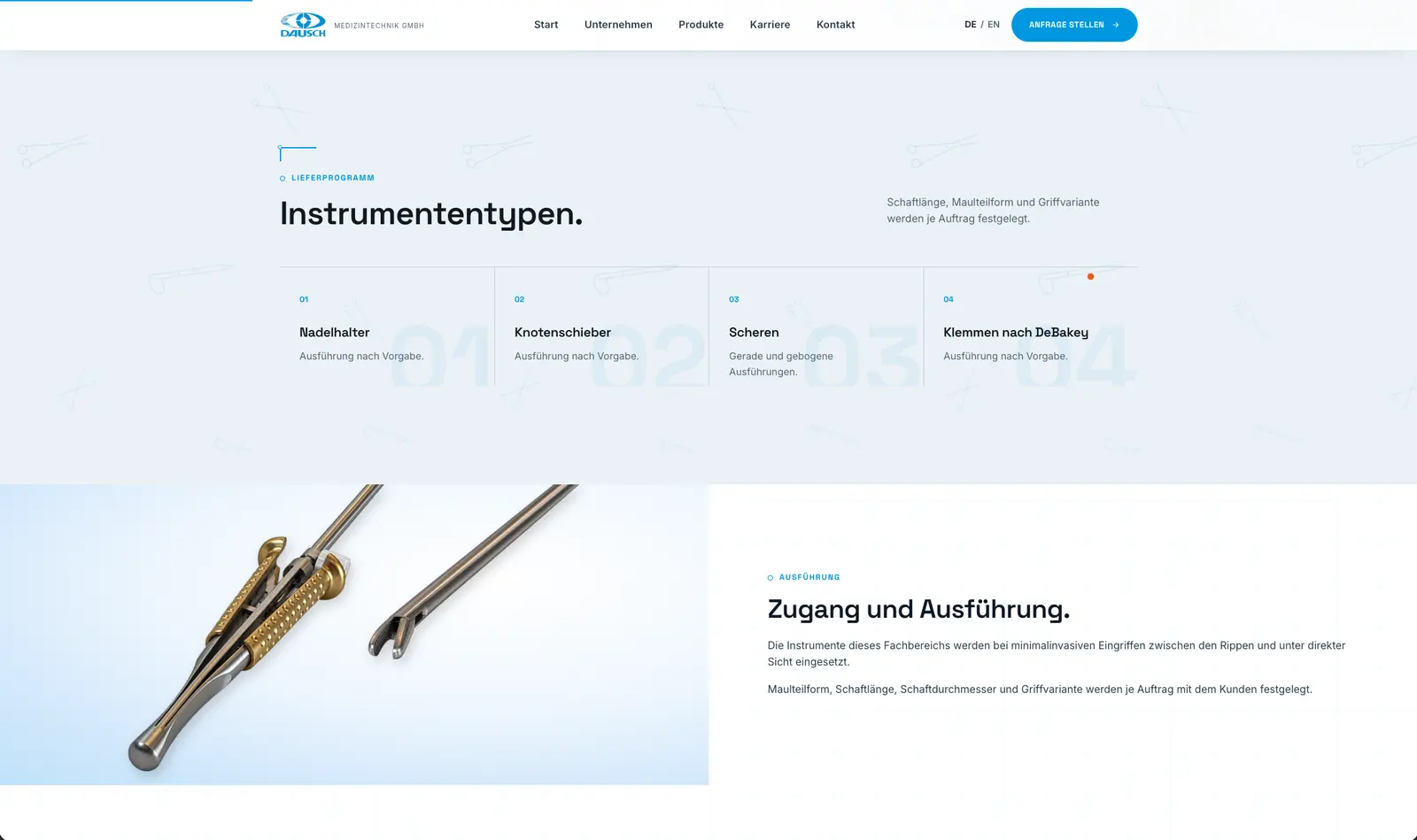 Lieferprogramm von Dausch Medizintechnik mit Instrumententypen und Abschnitt zu Zugang und Ausführung