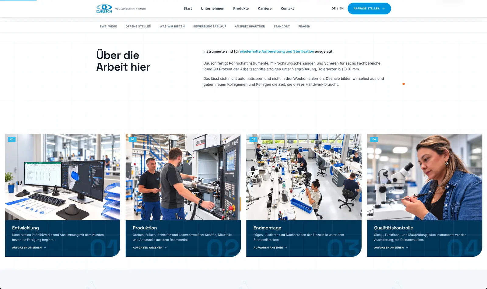 Karriereseite mit Kacheln zu Entwicklung, Produktion, Endmontage und Qualitätskontrolle