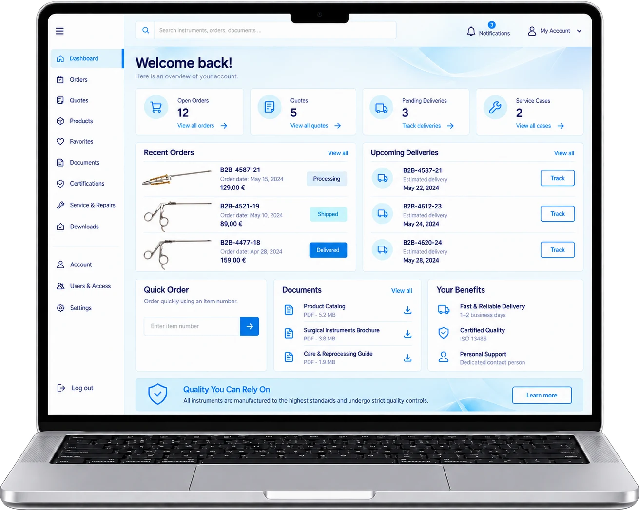 Laptop mit geöffnetem Kundenportal, Bestellübersicht und Schnellbestellung