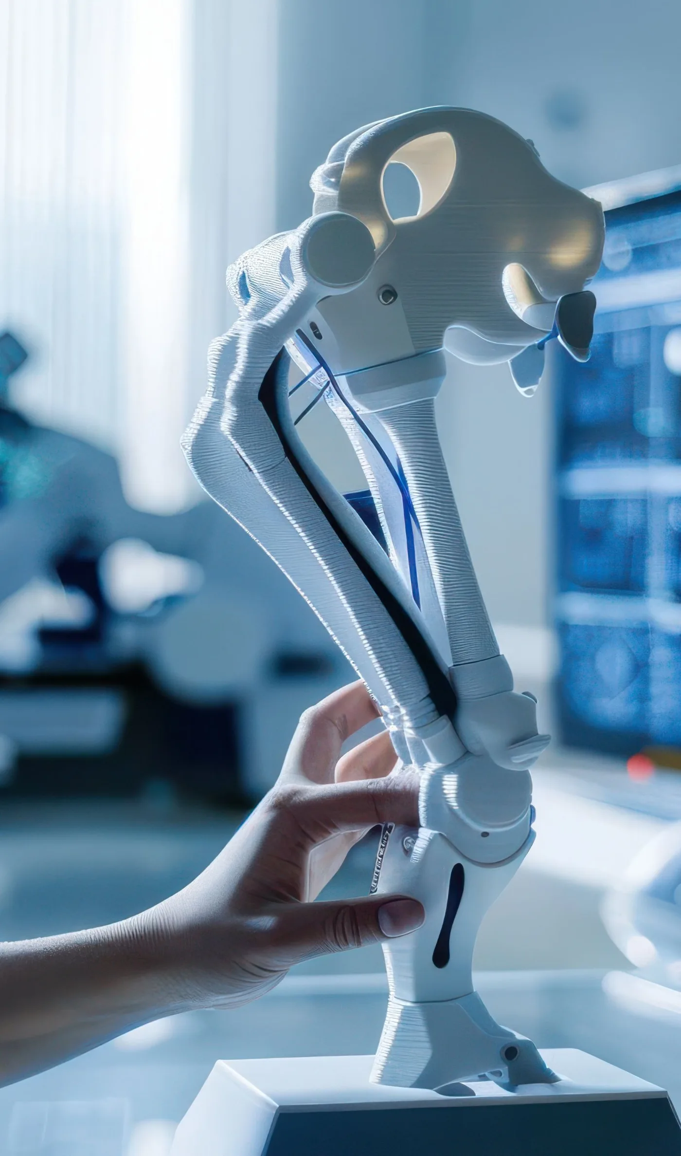 Hand berührt ein Roboter-Kniegelenk im Labor