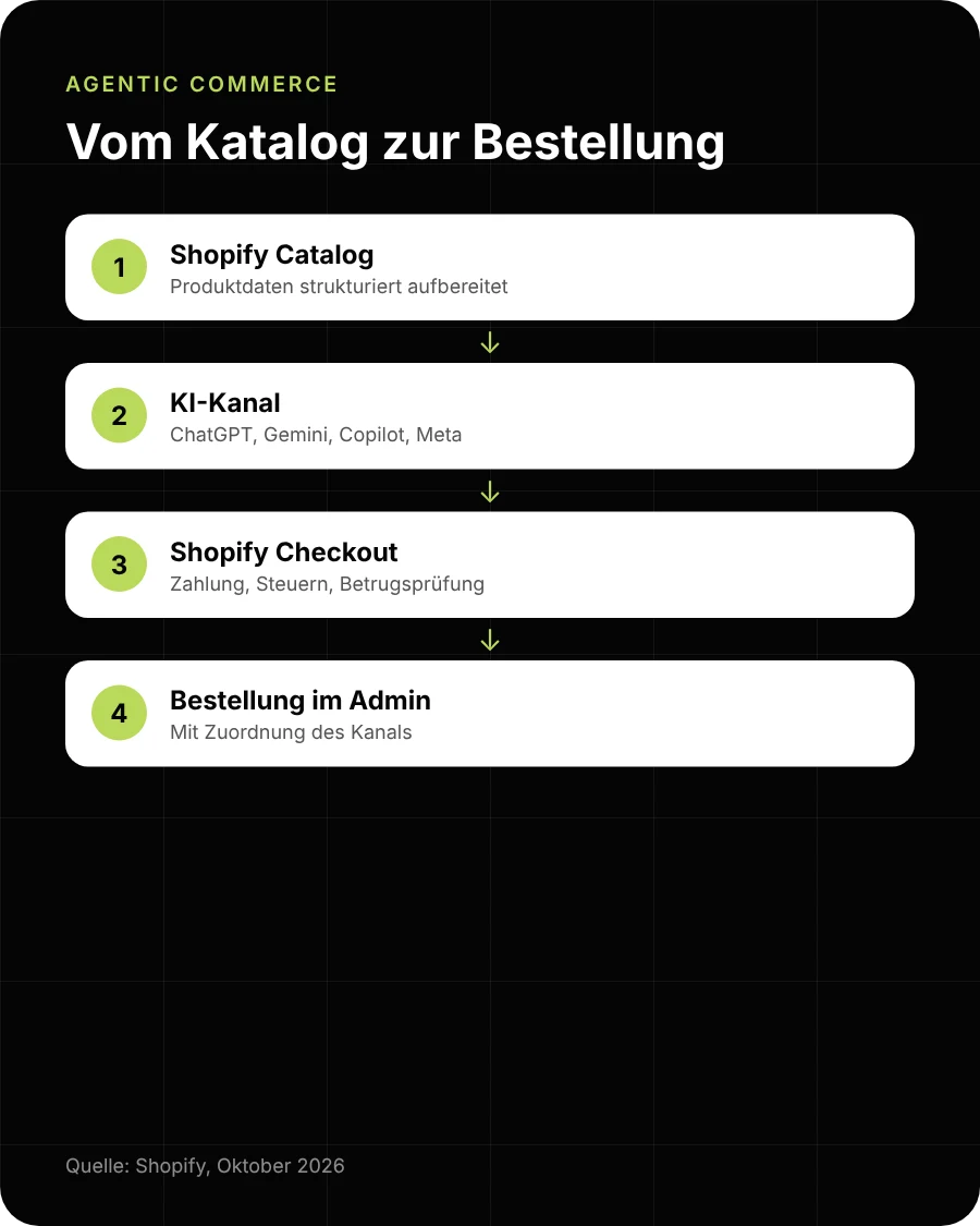 So funktioniert Agentic Commerce mit Shopify: Katalog, KI-Kanäle, Shopify Checkout, Bestellung im Admin